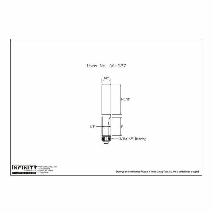 Technical drawing of straight router bit with measurements and bearing details visible.