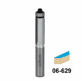 Straight router bit with bearing, shown with sample wood cut profile and product number 06-629