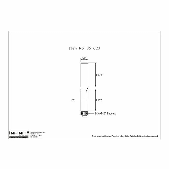 Technical drawing of a woodworking router bit, item 06-629, with dimensions and bearing size.