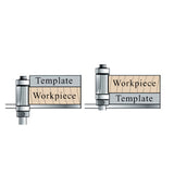 Diagram showing two template-and-workpiece setups for the downshear double-bearing pattern router bit