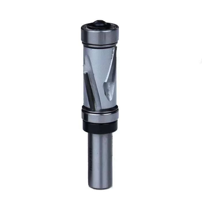 Flush trim router bit with dual bearings for woodworking, isolated on white background.