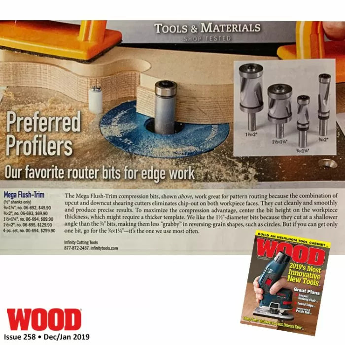 Router bits for edge work displayed on a woodworking table with sample cut and magazine feature.