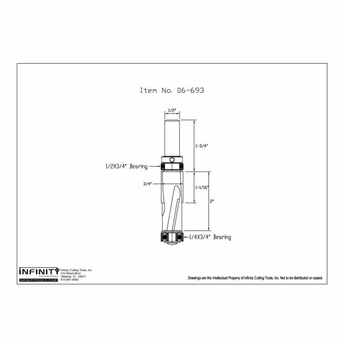 Technical diagram of spiral router bit with dimensions and labeled bearings, item 06-693.