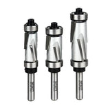 Set of three silver woodworking router bits with bearings for precision cutting