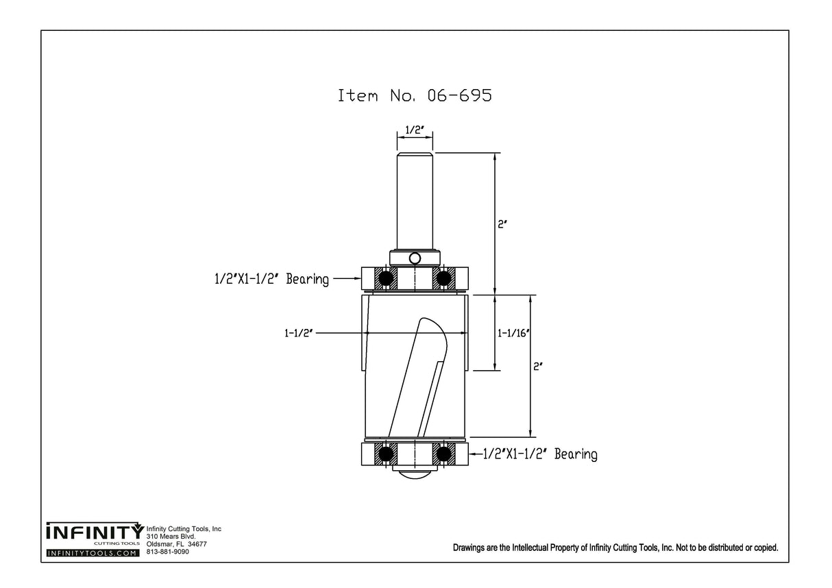 Technical diagram of a woodworking router bit with labeled dimensions and bearings