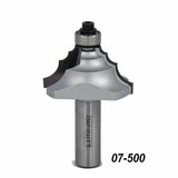 Steel woodworking router bit with bearing and decorative edge profile, marked 07-500.