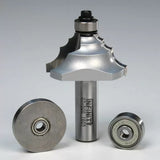 Woodworking router bit with two bearings on a neutral background