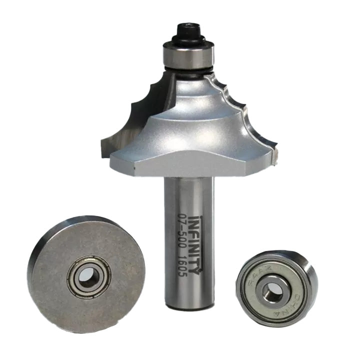 Decorative crown molding router bit set with two bearings for woodworking projects