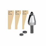 Chamfer router bit with interchangeable bearings and sample wood cut profiles