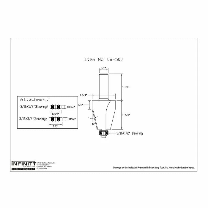 Technical drawing of a router bit with labeled dimensions and bearing attachments