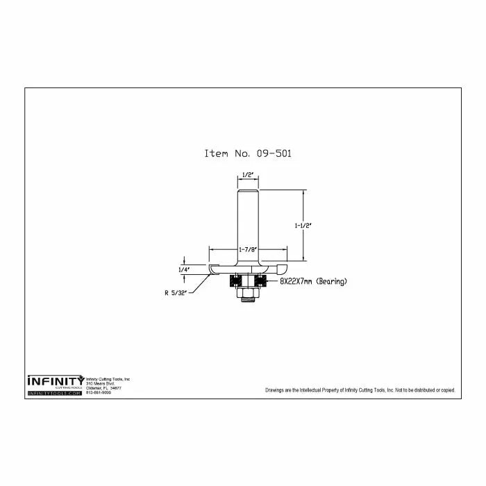 Technical drawing of router bit with bearing, item 09-501, woodworking tool dimensions labeled.