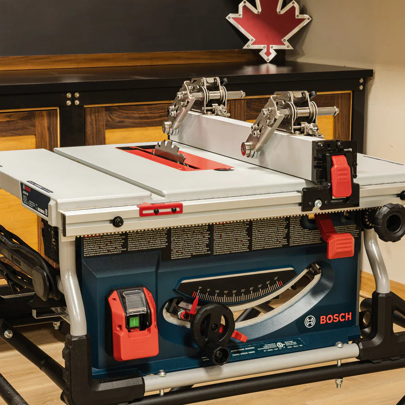 Table saw with adjustable fence and blade, set up for woodworking in a workshop.