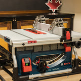 Table saw with adjustable fence and blade, set up for woodworking in a workshop.