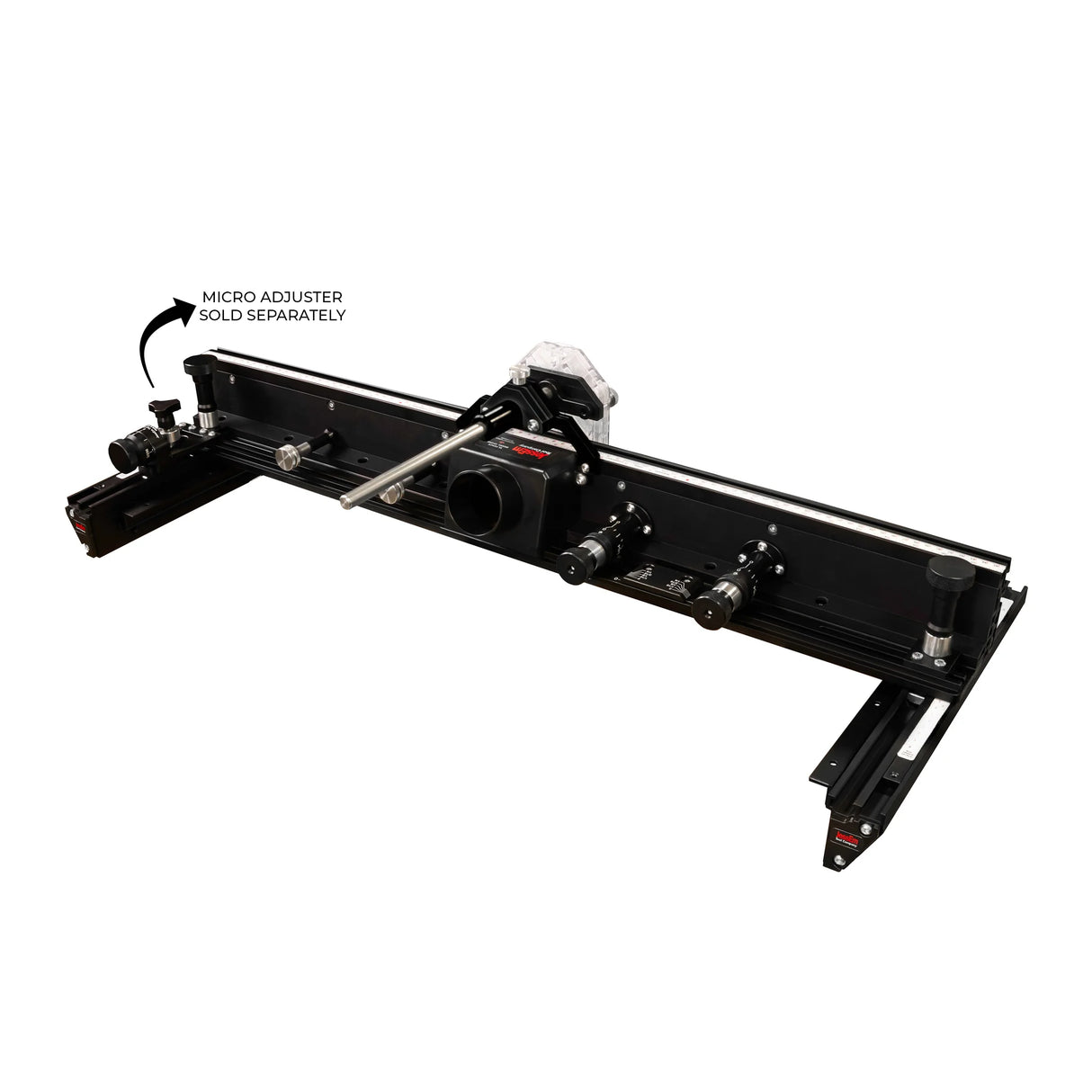Router table fence system with dust port and adjustment knobs for woodworking