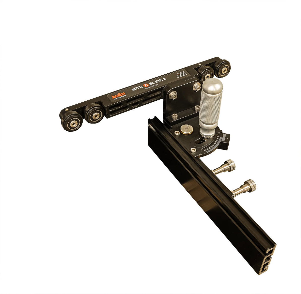 Mitre slide jig with adjustable handle and rollers for precise woodworking cuts
