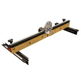 Woodworking router table fence with measuring scale, clear guard, and adjustment knobs