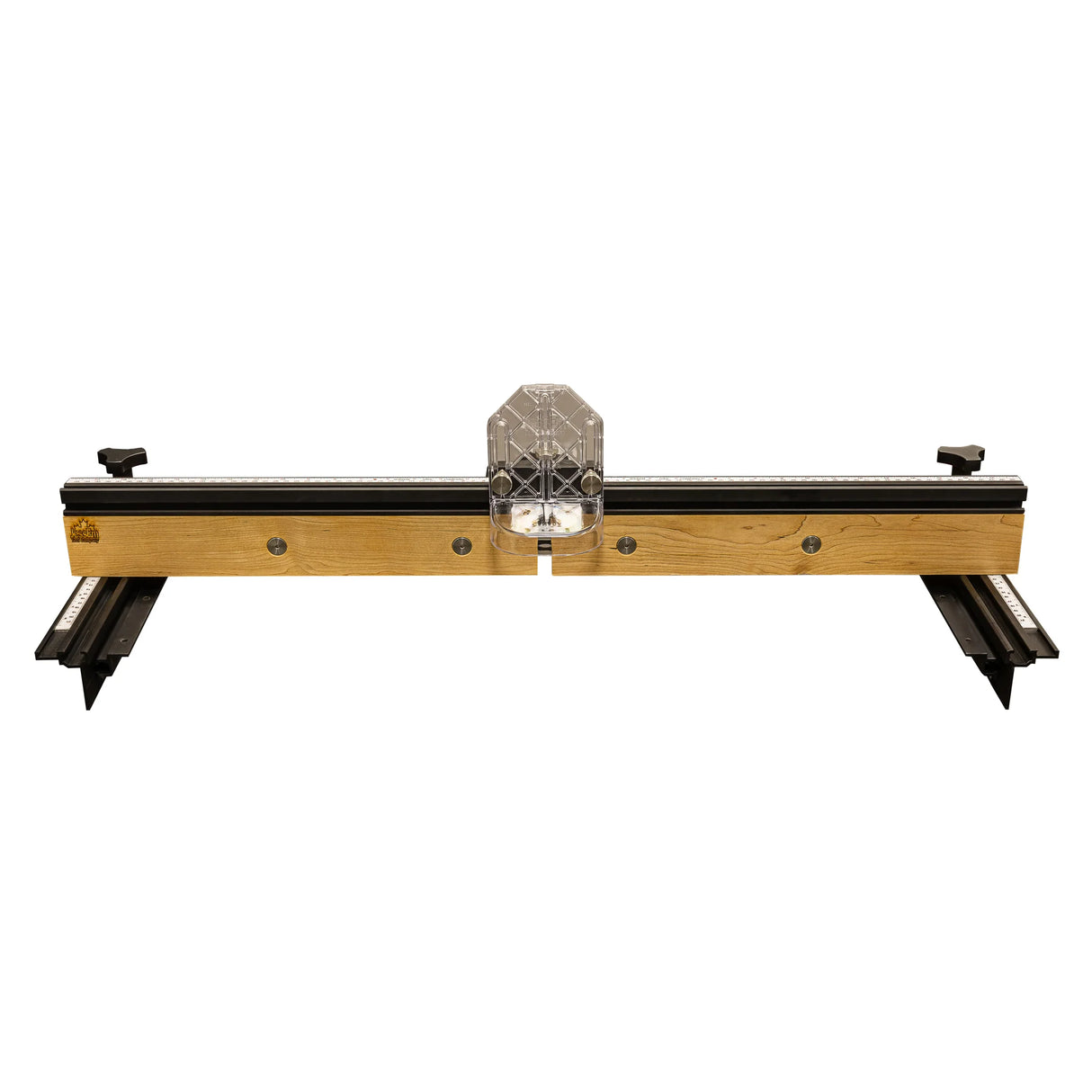 Woodworking router table fence with clear dust collection guard and measuring rails