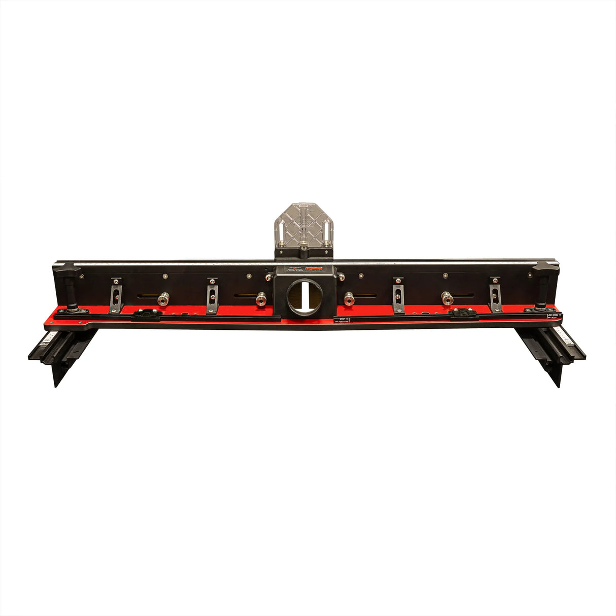 Precision woodworking router table fence with dust port, black and red, isolated on white