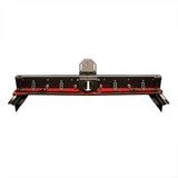 Precision woodworking router table fence with dust port, black and red, isolated on white