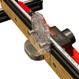 Router table fence with dust port, clear safety guard, and built-in measuring scale