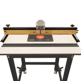 Precision woodworking router table with aluminum fence and measuring guides on sturdy stand