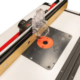 Precision router table top with fence, clear guard, and measuring scale for woodworking