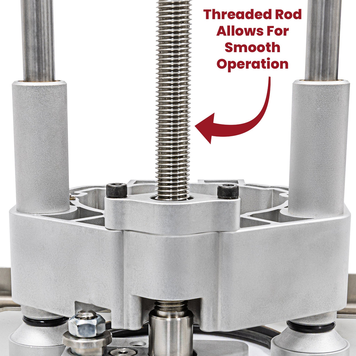 Close-up of woodworking router lift with threaded rod for smooth height adjustment.