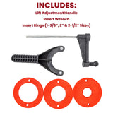 Router table accessories kit with lift adjustment handle, insert wrench, and three orange insert rings.