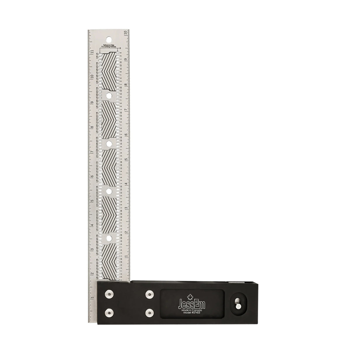 Precision woodworking square with stainless steel ruler and black handle, marked JessEm.