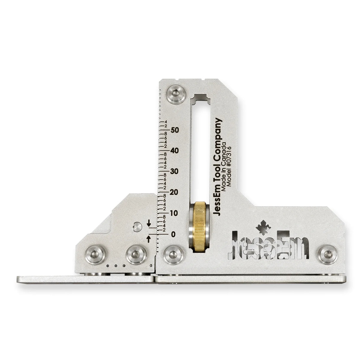 Precision aluminum router table gauge with measurement scale and adjustment knob for woodworking