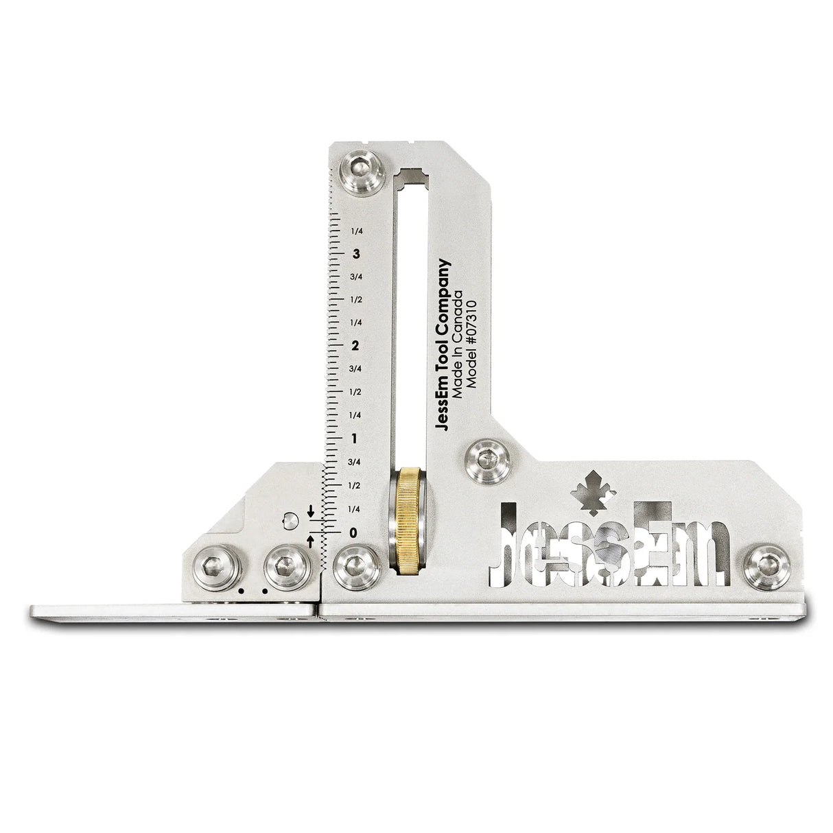 Aluminum woodworking layout tool with measurement markings and adjustment knob