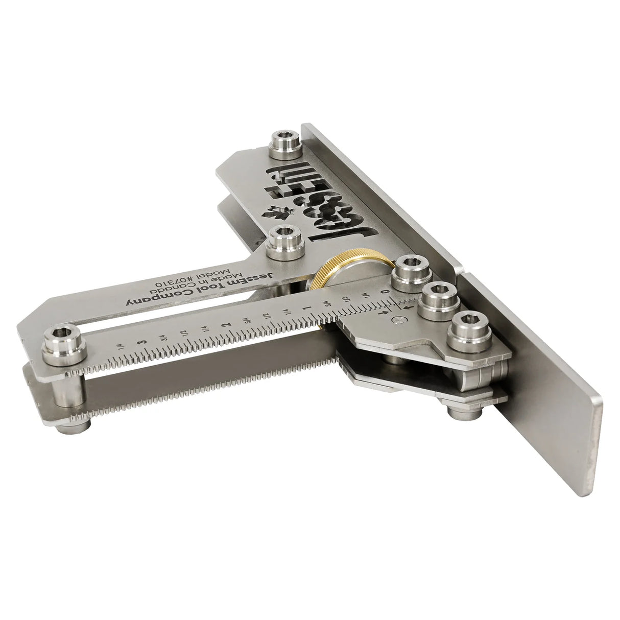 Precision stainless steel woodworking marking gauge with ruler and adjustment knob on white background