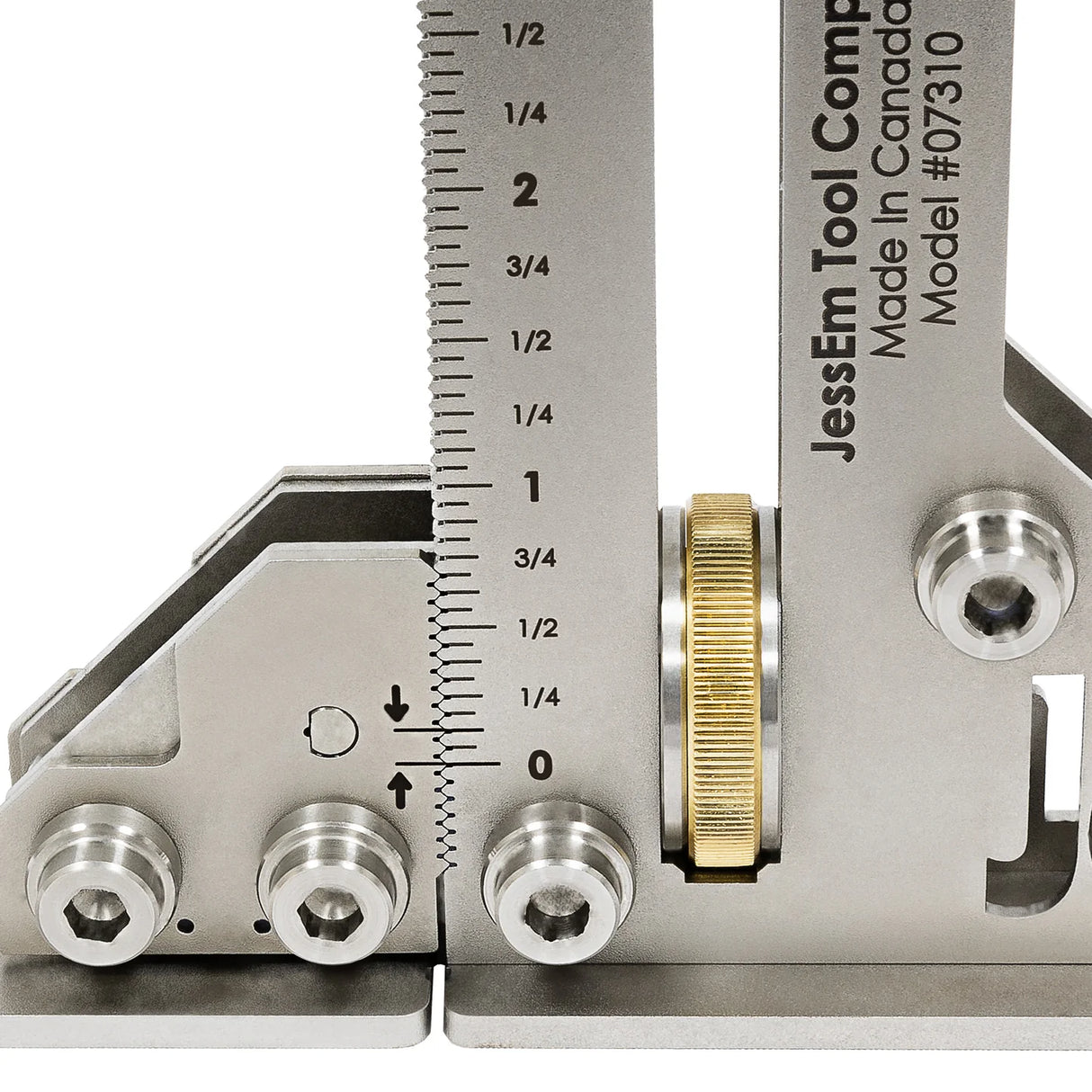 Precision woodworking tool with ruler, adjustment knob, and metal components for accurate measurements