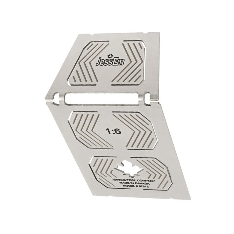 Stainless steel dovetail marker with engraved 1:6 ratio, ideal for woodworking joinery.