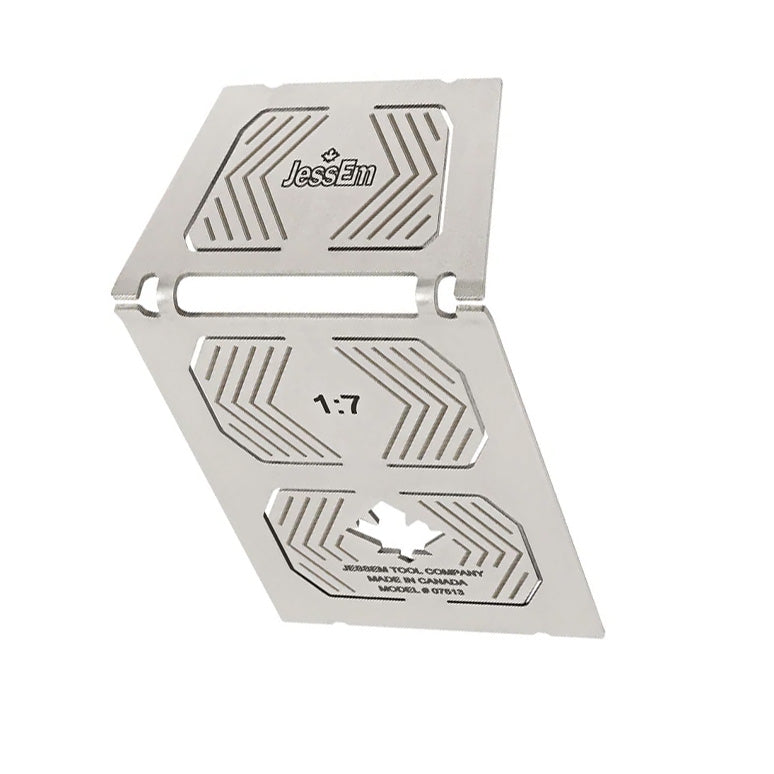 Stainless steel dovetail marker with engraved angles for woodworking joinery.