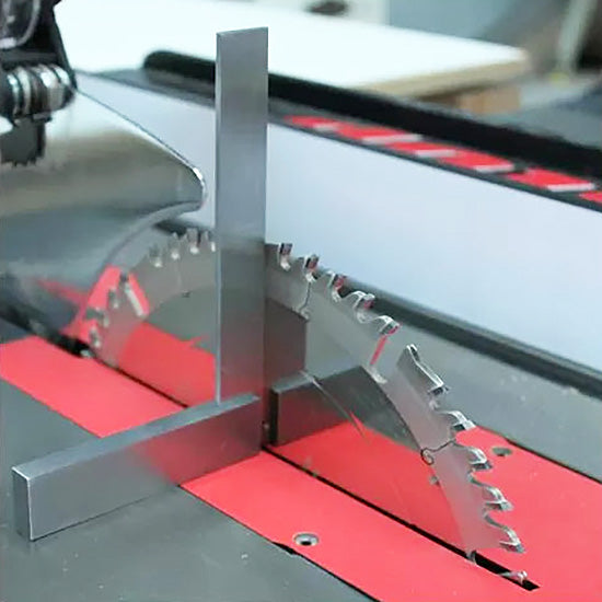 Table saw blade angle setup with precision square for woodworking tool alignment