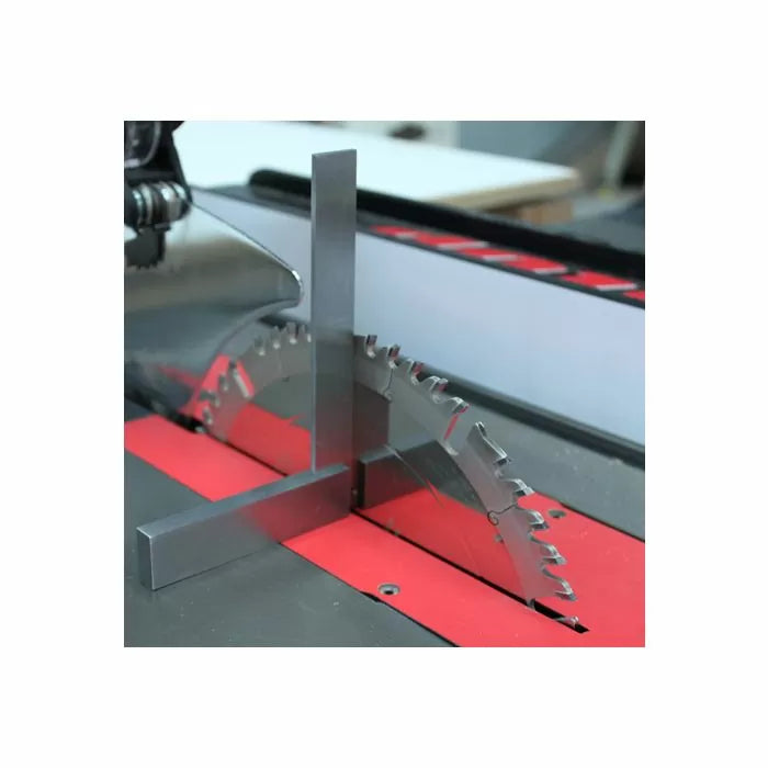 Table saw blade alignment with precision machinist square on woodworking surface