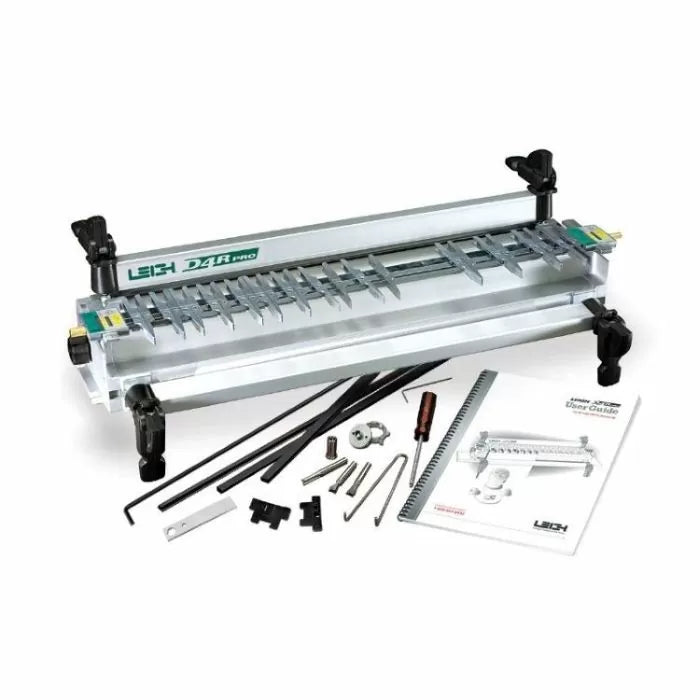 Leigh D4R Pro dovetail jig with accessories and user manual for precision woodworking joinery