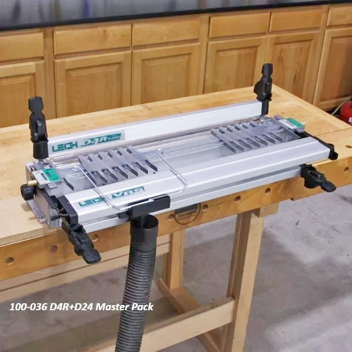 Leigh D4R Pro dovetail jig with dust collection system mounted on a woodworking bench