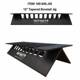 12-inch tapered dovetail jig for woodworking, black metal, angled slots, isolated background