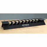 Black woodworking jig for dovetail joinery on a wooden workbench