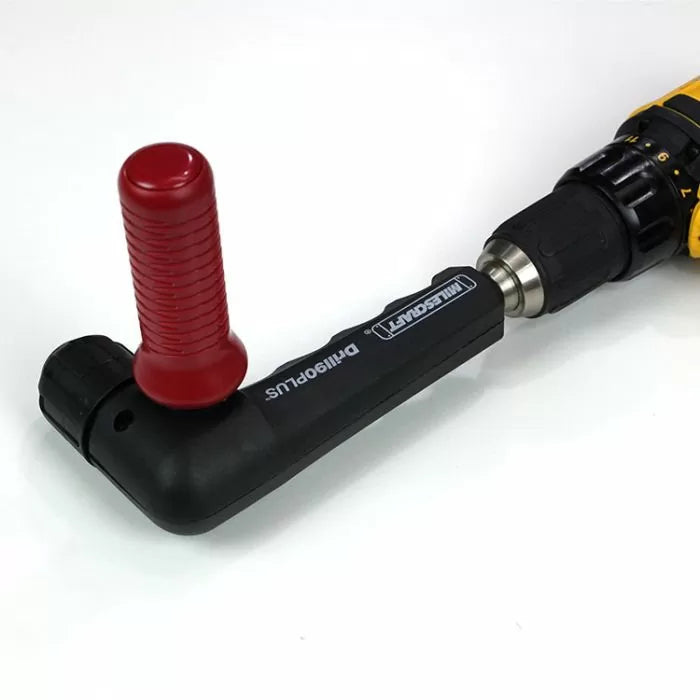 Drill guide attachment with red handle mounted on a cordless drill for precise woodworking