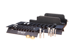 Dovetail jig set with multiple router bits and guide bushings for woodworking joinery.