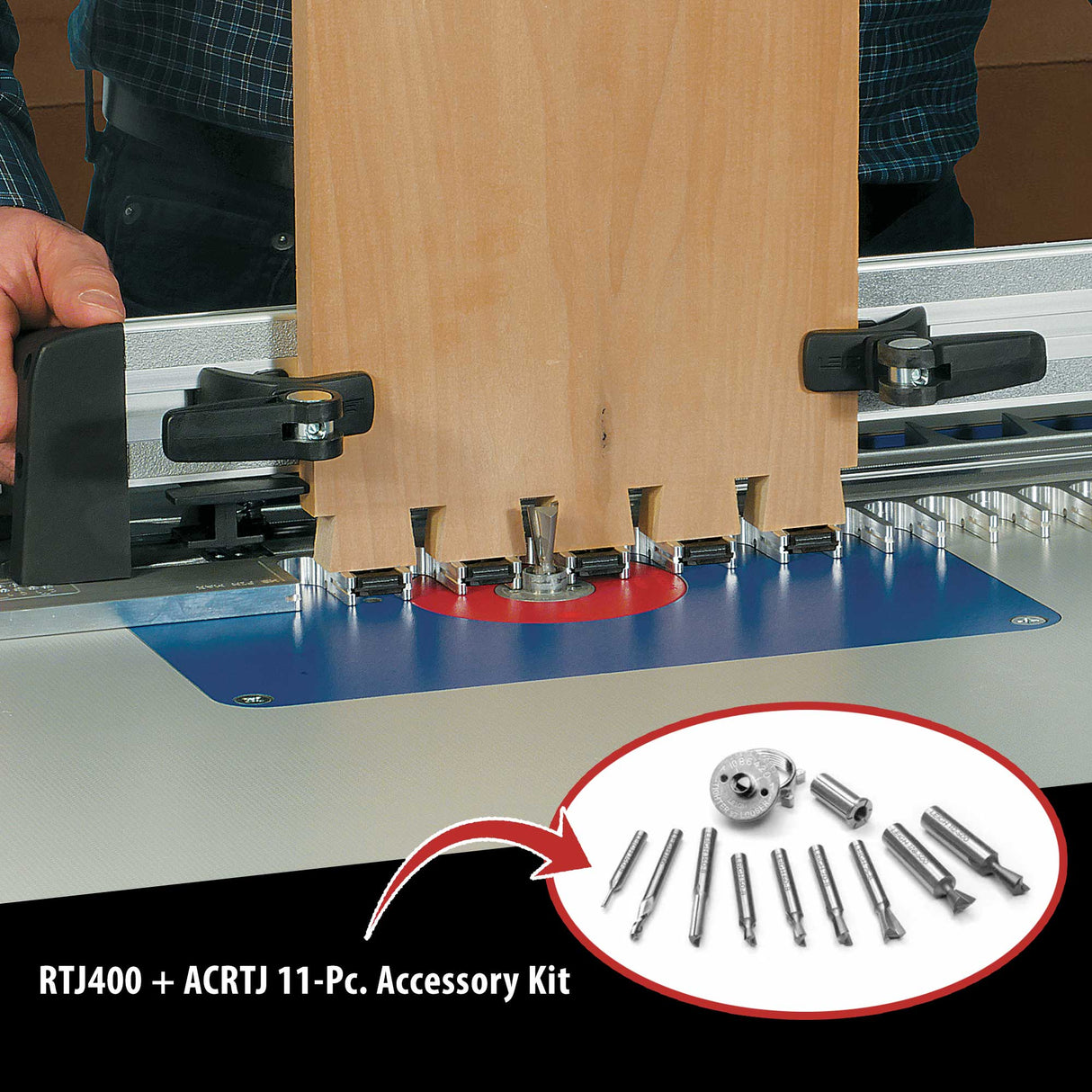 Woodworking dovetail jig setup with RTJ400 router table and 11-piece bit accessory kit