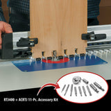 Woodworking dovetail jig setup with RTJ400 router table and 11-piece bit accessory kit