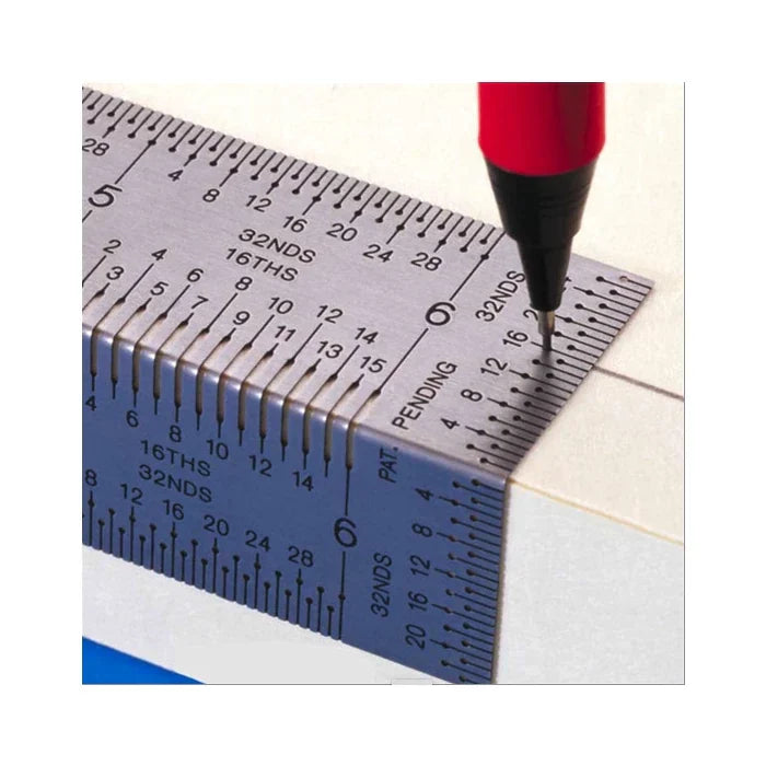 Precision woodworking ruler marking measurements on wood with a fine-tip pencil
