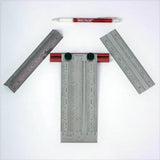 Precision woodworking ruler set with pen, metal measuring tools on white background.