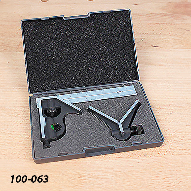 Woodworking combination square set with ruler and angle gauge in foam-lined case on workbench