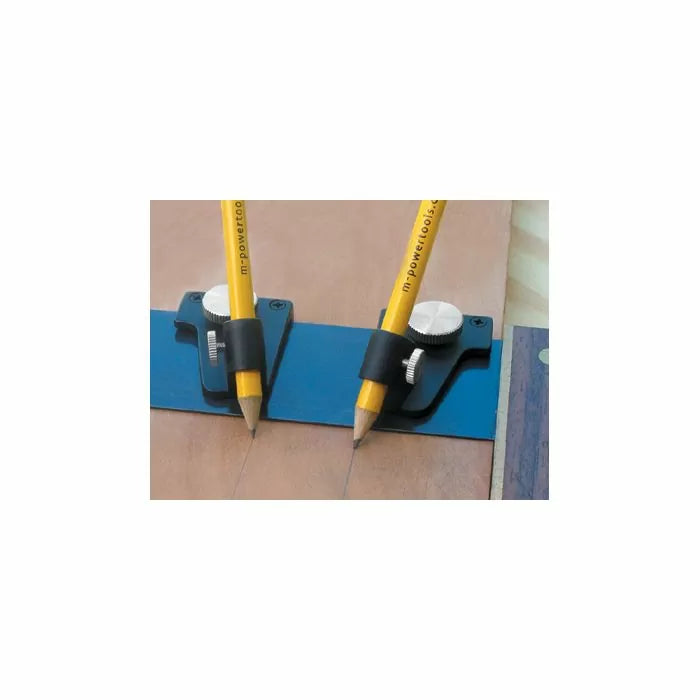 Woodworking marking gauge with pencils and blue guide on wood surface