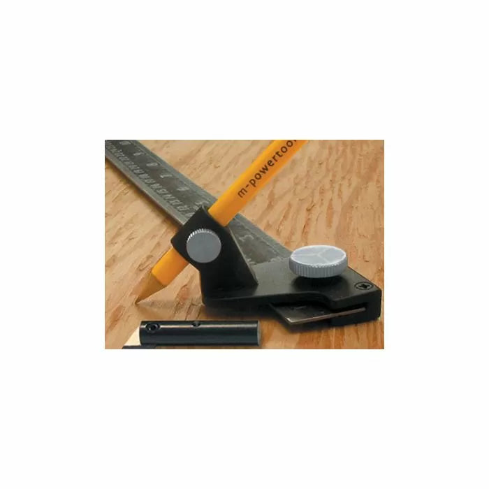 Precision woodworking marking gauge with ruler and pencil on a wood surface